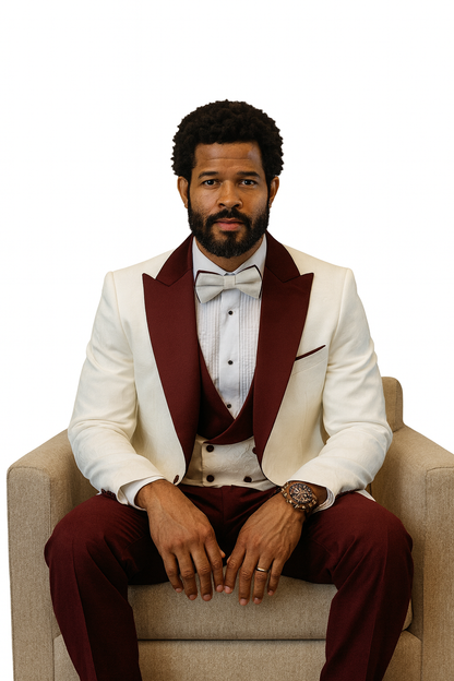 Hilton White & Burgundy Paisley Peak Lapel Tuxedo Jacket with Matching Shawl Vest & Wool Pants  Includes Bow Tie
