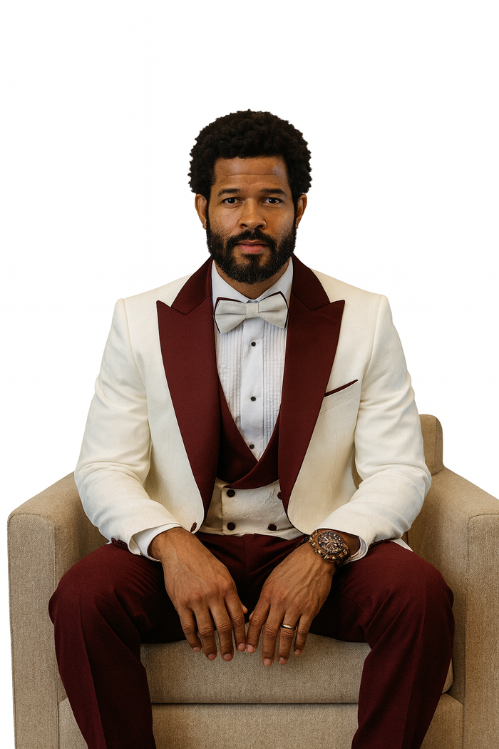Hilton White & Burgundy Paisley Peak Lapel Tuxedo Jacket with Matching Shawl Vest & Wool Pants  Includes Bow Tie