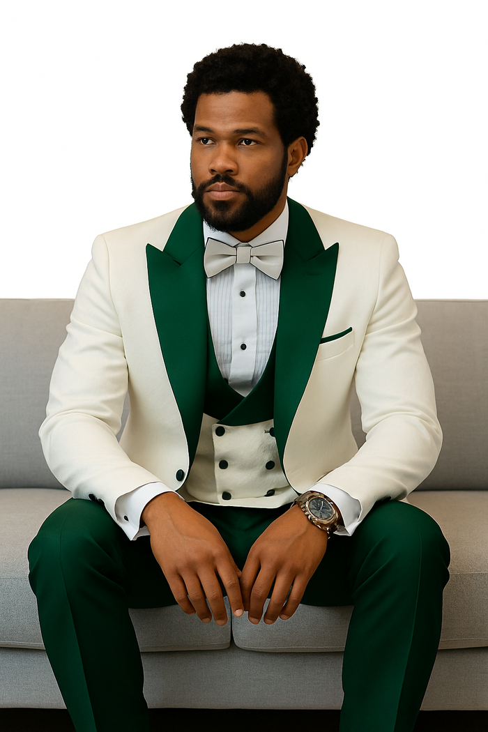Hilton White and Hunter Green Paisley Peak Lapel Tuxedo Jacket with Matching Shawl Vest and Wool Pants  Includes Bow Tie