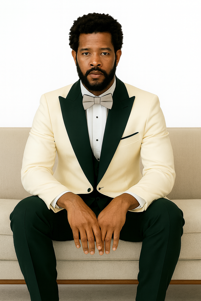 Hilton White and Black Paisley Peak Lapel Tuxedo Jacket with Matching Shawl Vest and Wool Pants  Includes Bow Tie