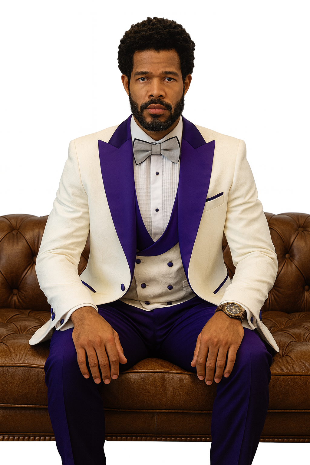 Hilton White and Purple Paisley Peak Lapel Tuxedo Jacket with Matching Shawl Vest and Wool Pants  Includes Bow Tie
