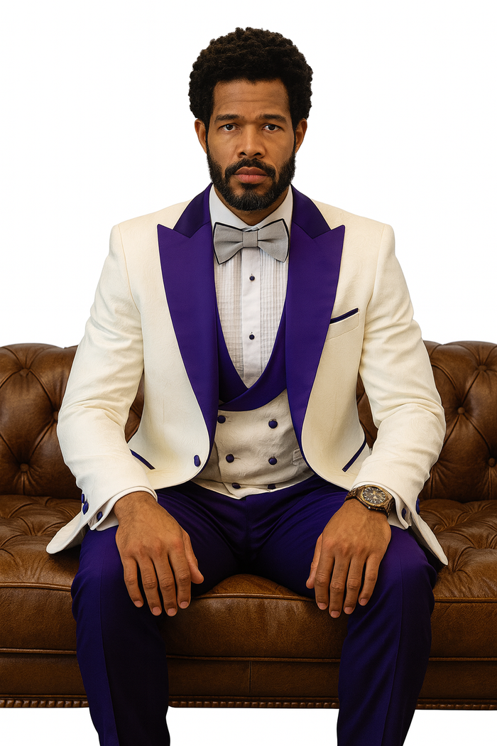Hilton White and Purple Paisley Peak Lapel Tuxedo Jacket with Matching Shawl Vest and Wool Pants  Includes Bow Tie