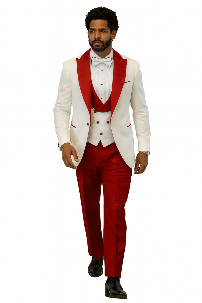 Hilton White and Red Paisley Peak Lapel Tuxedo Jacket with Matching Shawl Vest and Wool Pants  Includes Bow Tie