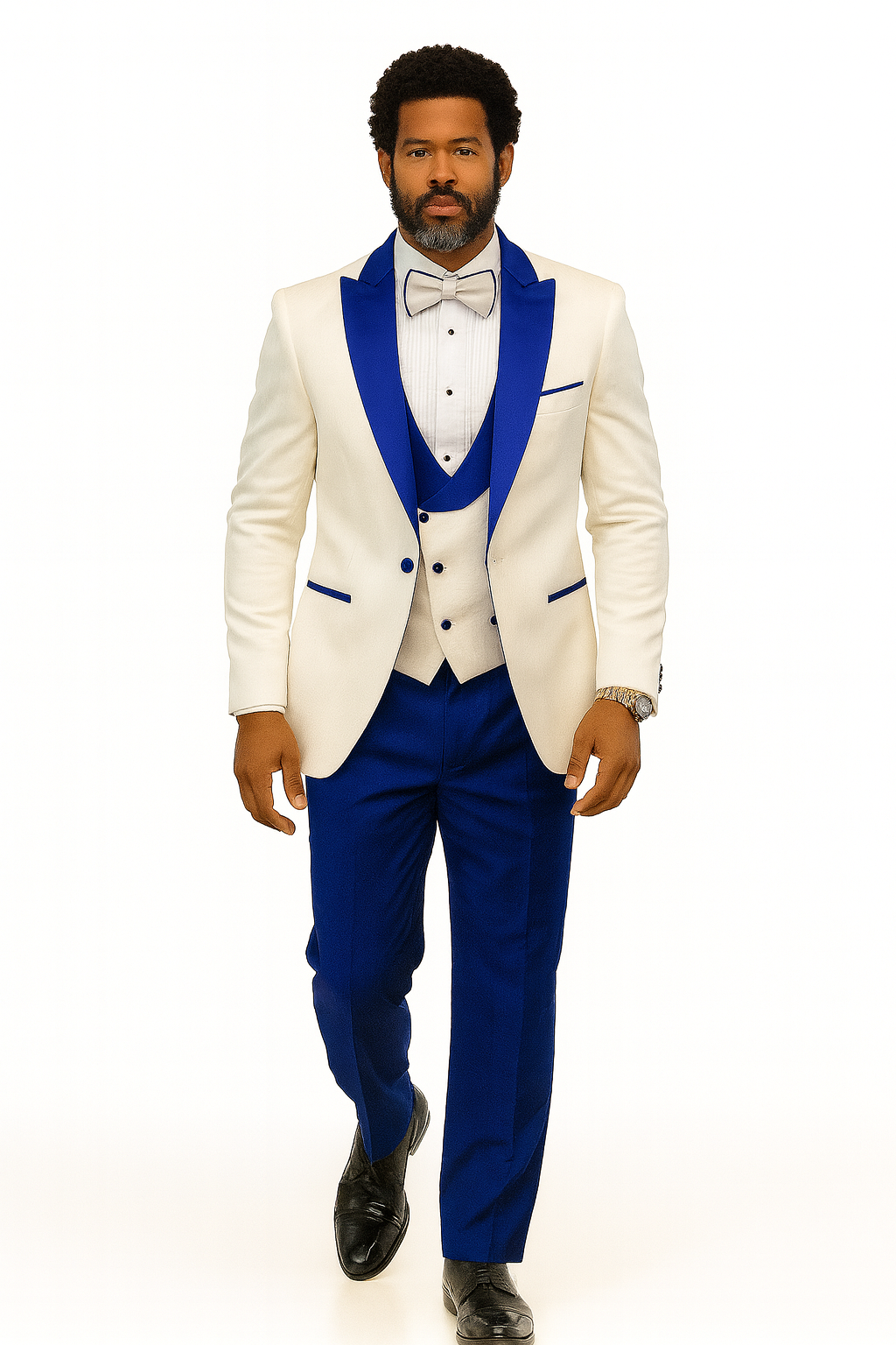 Hilton White and Royal Blue Paisley Peak Lapel Tuxedo Jacket with Matching Shawl Vest and Wool Pants – Includes Bow Tie