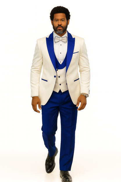 Hilton White and Royal Blue Paisley Peak Lapel Tuxedo Jacket with Matching Shawl Vest and Wool Pants  Includes Bow Tie