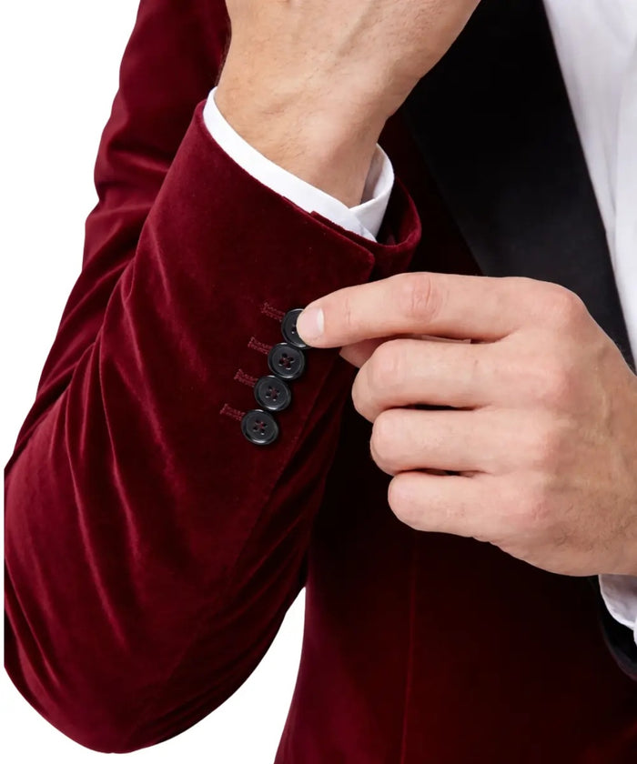 Men’s Maroon Velvet Blazer with Shawl Collar – Luxury Evening & Wedding Jacket
