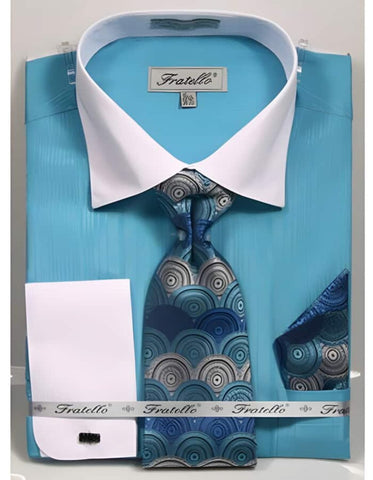 Classic Fit White Collared French Cuffed Turquoise Dress Cheap Fashion Clearance Shirt Sale Online For Men - Men's Tuxedo USA