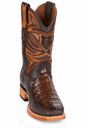 Los Altos Boots Caiman Belly and Deer Wide Square Toe Faded Brown