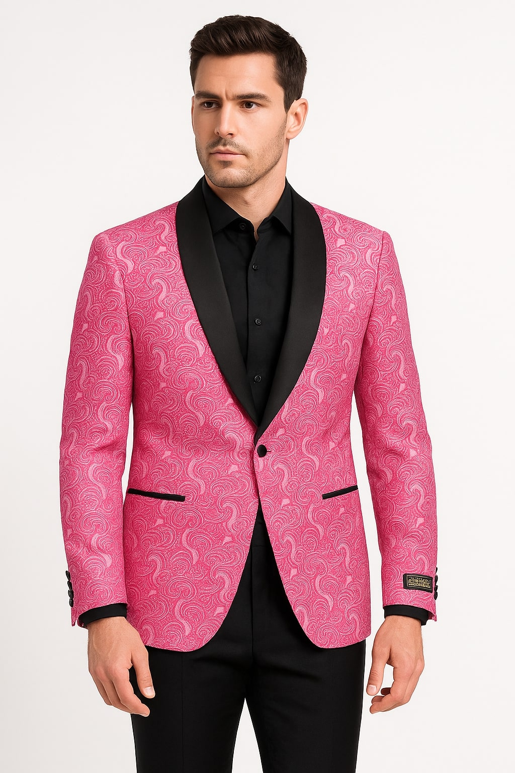 Mens Hot Pink Paisley Tuxedo Blazer with Black Shawl Lapel Fuchsia Color Dinner Jacket Perfect for Prom