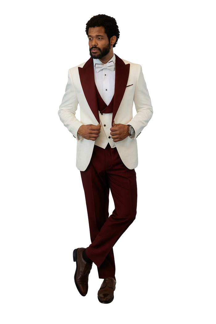 Hilton White & Burgundy Paisley Peak Lapel Tuxedo Jacket with Matching Shawl Vest & Wool Pants  Includes Bow Tie