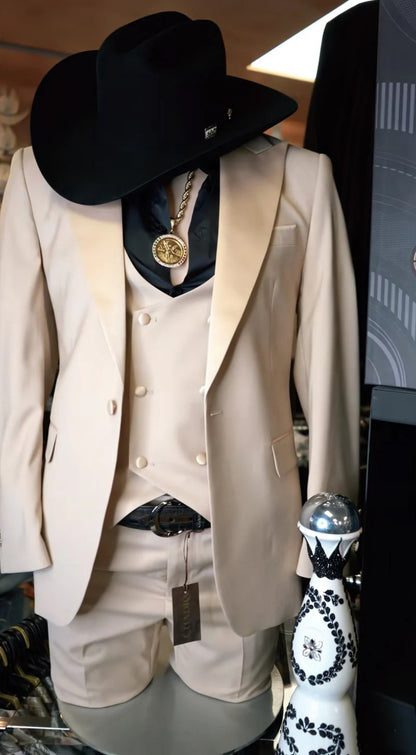 Men’s Light Beige Western 3 Piece Suit, Cowboy Tuxedo with Shawl Lapel