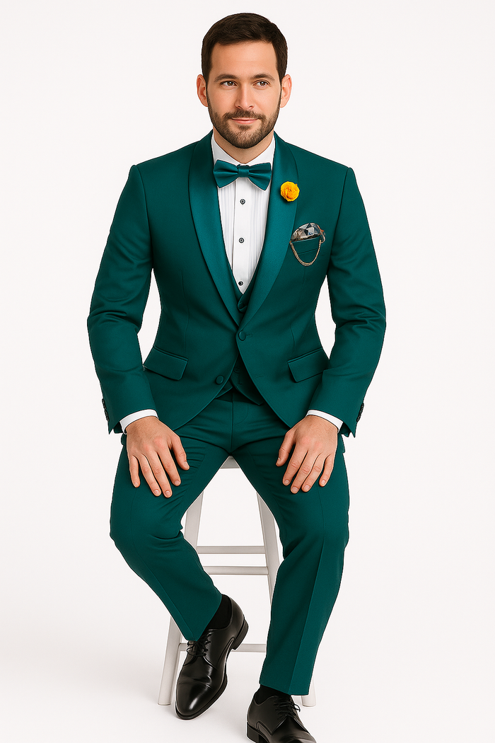 Mens Teal Tuxedo Shawl Collar - Sateen Collar in Teal Blue Color Suit