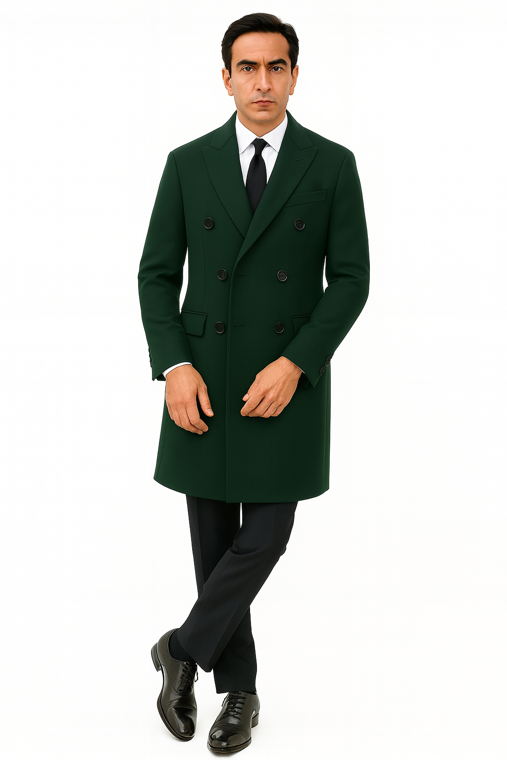 6 Button Dark Olive Green Long Overcoat Custom Prom Tuxedos