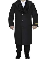 Removable Fur Collar Dark Charcoal Grey Ankle length Wool Dress Top Coat/Overcoat - Mens Overcoat