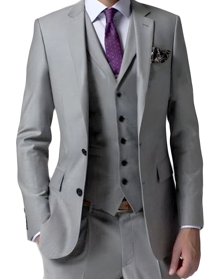Buy a gray three-piece suit with a notched lapel, double-breasted jacket, a waistcoat, and trousers with side adjusters.