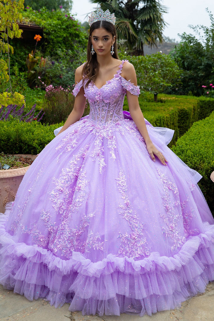 Cold Shoulders Floral Lace Quinceañera Ball Gown Glitter Tulle Princess Dress by Elizabeth K GL3520