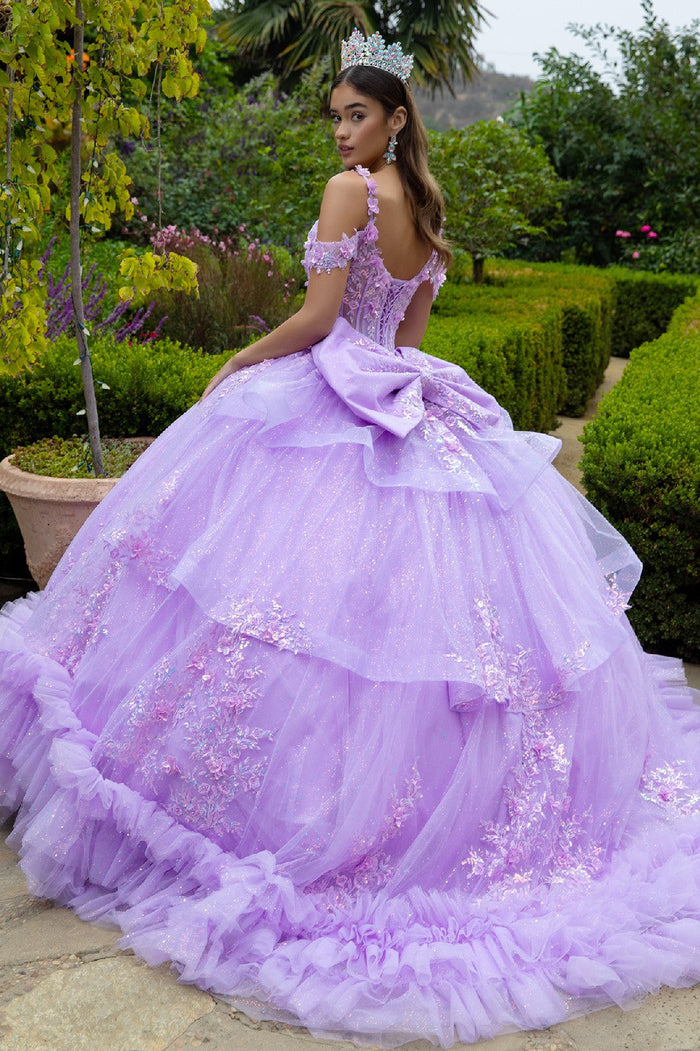 Cold Shoulders Floral Lace Quinceañera Ball Gown Glitter Tulle Princess Dress by Elizabeth K GL3520