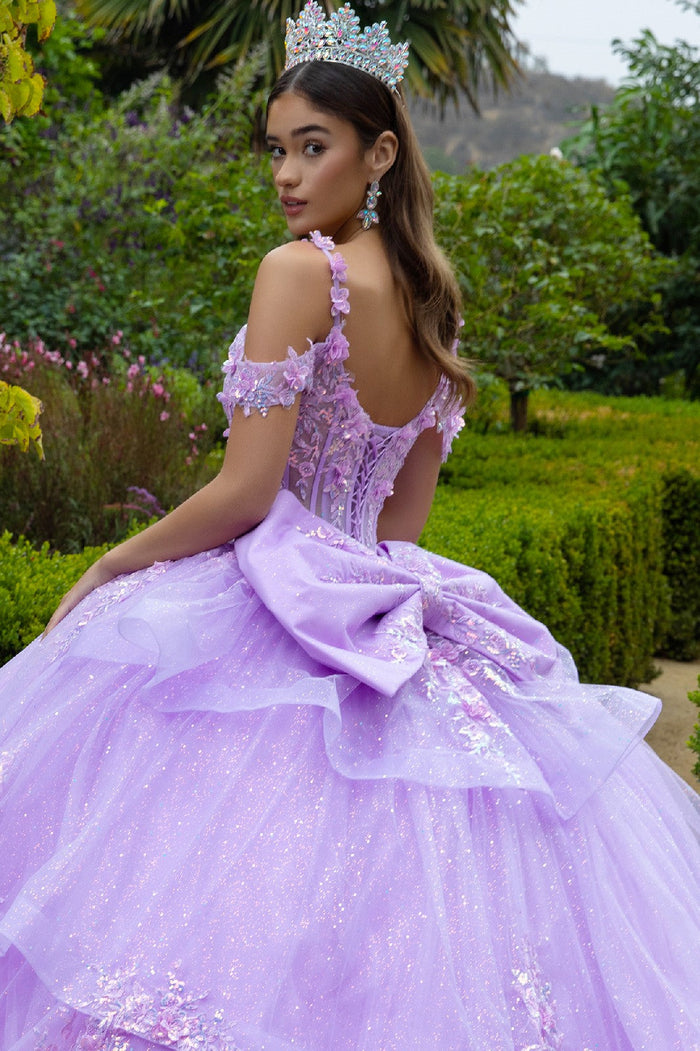 Cold Shoulders Floral Lace Quinceañera Ball Gown Glitter Tulle Princess Dress by Elizabeth K GL3520