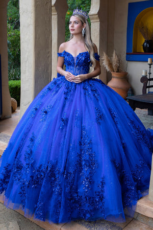 Off Shoulder Ball Gown with 3D Floral Appliqué & Glitter Tulle Skirt by Elizabeth K GL3521