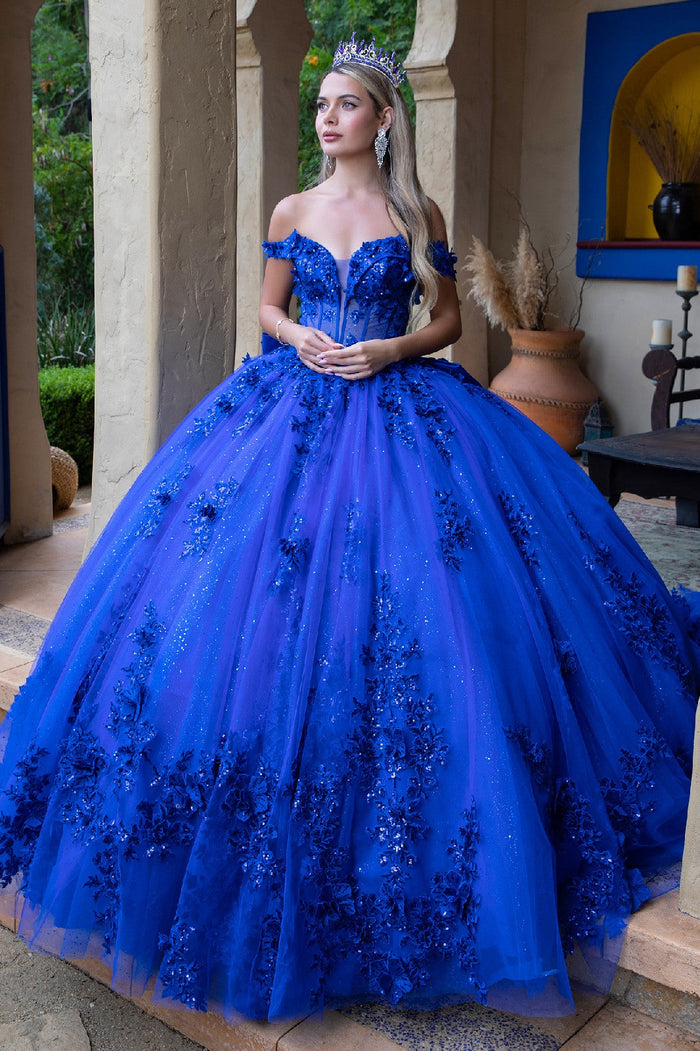 Off Shoulder Ball Gown with 3D Floral Appliqué & Glitter Tulle Skirt by Elizabeth K GL3521