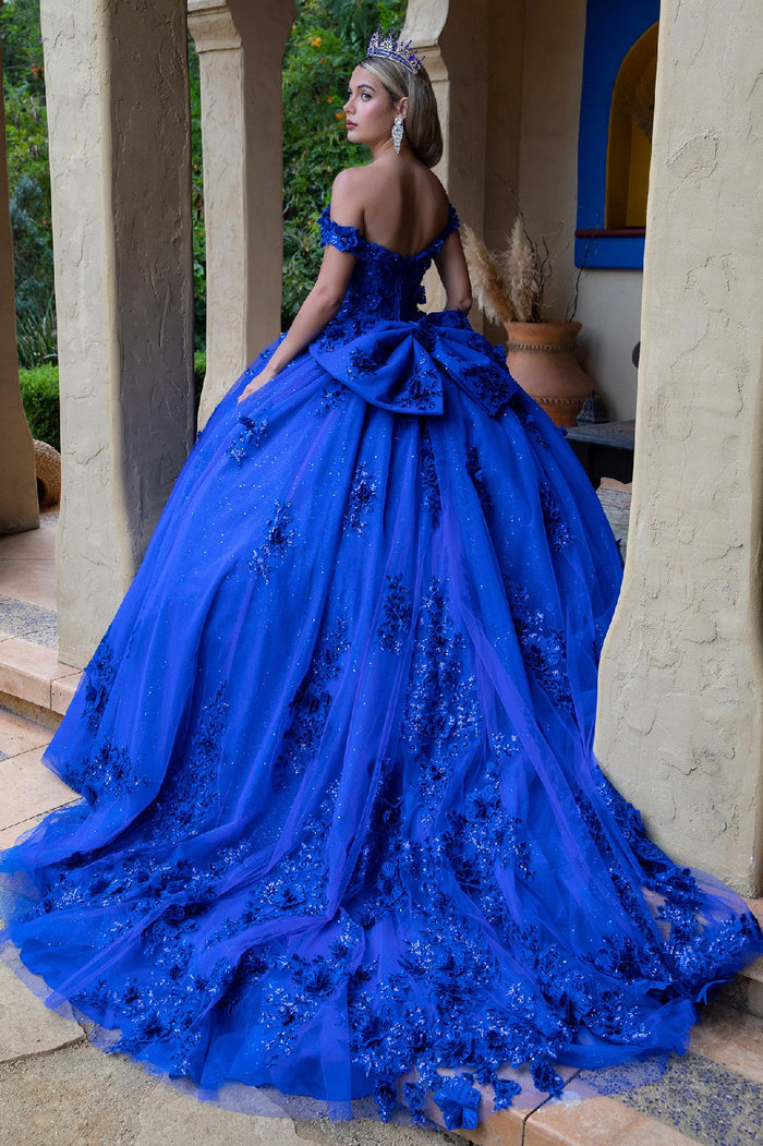 Off Shoulder Ball Gown with 3D Floral Appliqué & Glitter Tulle Skirt by Elizabeth K GL3521