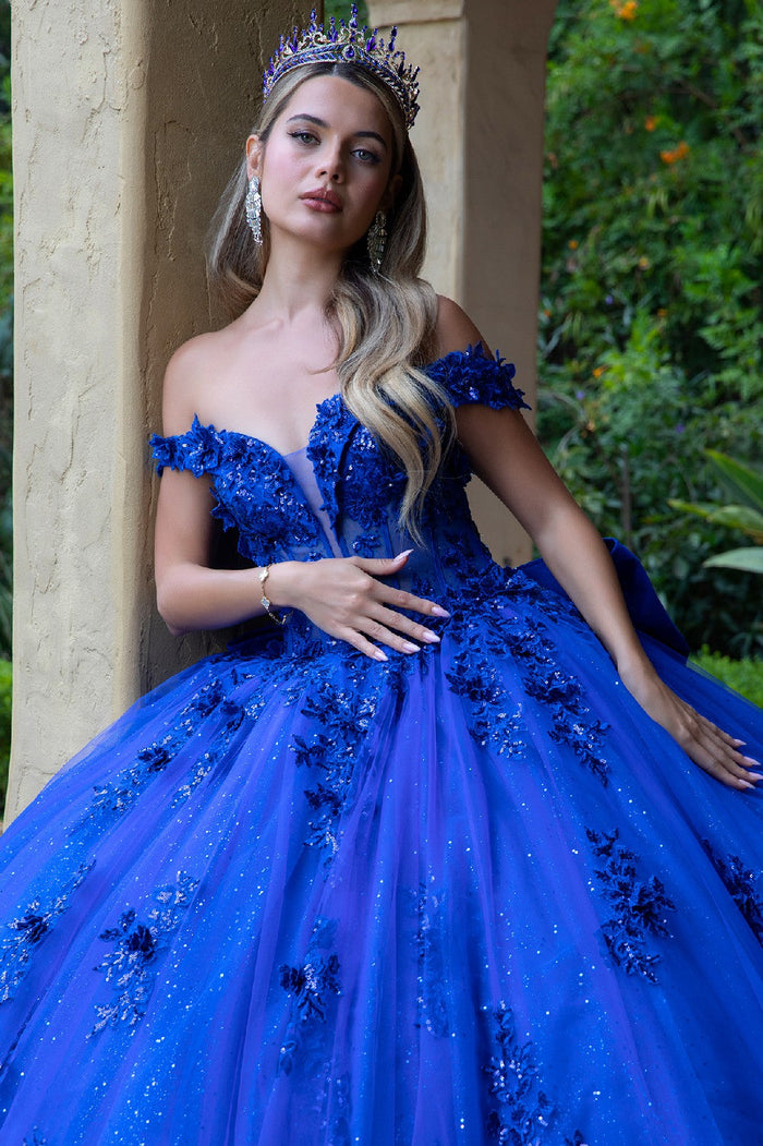 Off Shoulder Ball Gown with 3D Floral Appliqué & Glitter Tulle Skirt by Elizabeth K GL3521