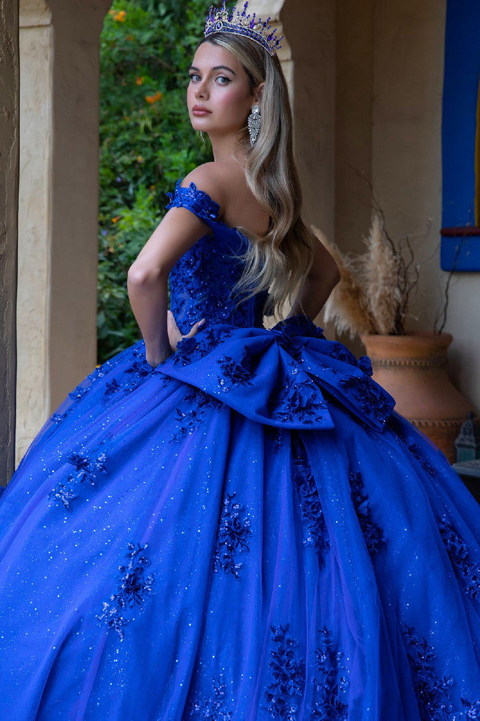 Off Shoulder Ball Gown with 3D Floral Appliqué & Glitter Tulle Skirt by Elizabeth K GL3521