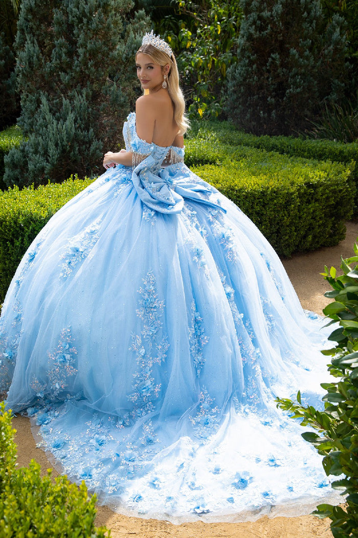 Off Shoulder Floral Appliqué Quinceañera Dress with Beaded Fringe Sleeves by Elizabeth K GL3525