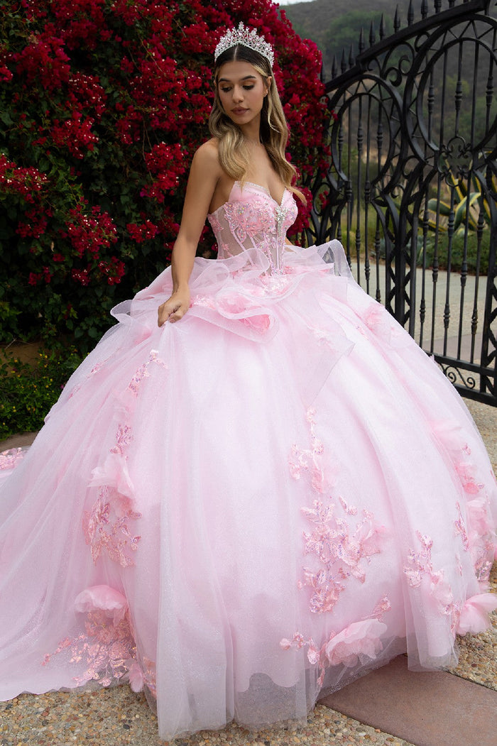 Strapless Quinceañera Ball Gown with Corset Back Butterfly Appliqué by Elizabeth K GL3549