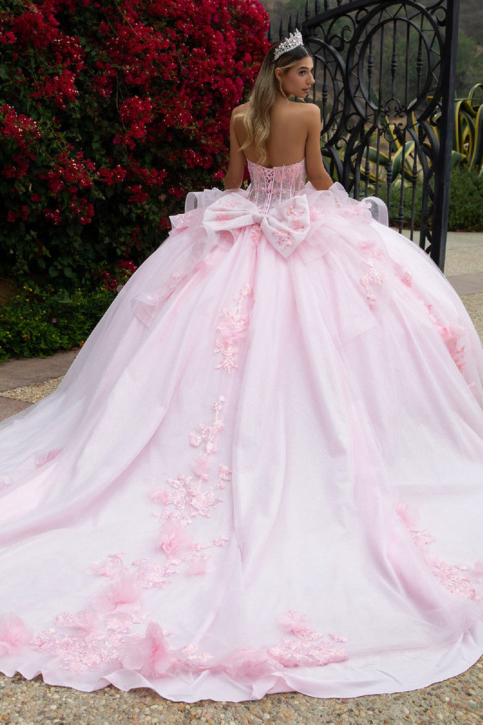 Strapless Quinceañera Ball Gown with Corset Back Butterfly Appliqué by Elizabeth K GL3549