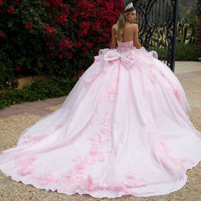 Strapless Quinceañera Ball Gown with Corset Back Butterfly Appliqué by Elizabeth K GL3549