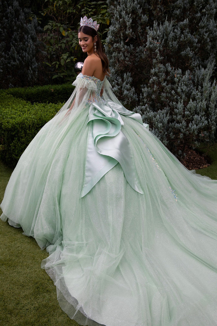 Off Shoulder Ball Gown Quinceañera Dress with Corset Bodice Glitter Tulle by Elizabeth K GL3550