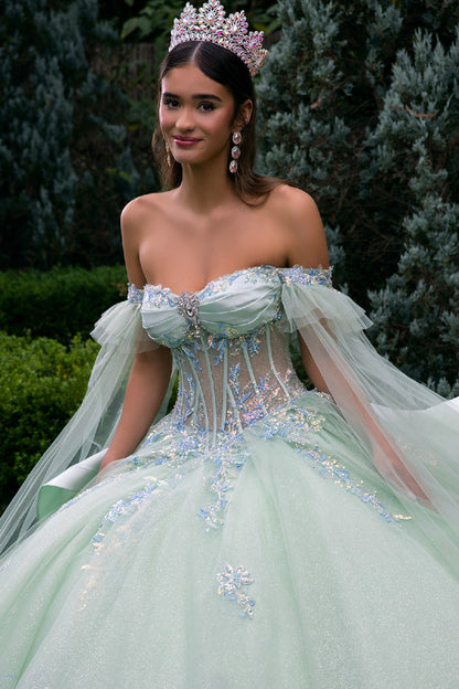 Off Shoulder Ball Gown Quinceañera Dress with Corset Bodice Glitter Tulle by Elizabeth K GL3550