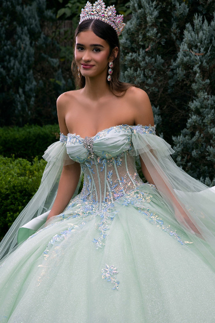 Off Shoulder Ball Gown Quinceañera Dress with Corset Bodice Glitter Tulle by Elizabeth K GL3550