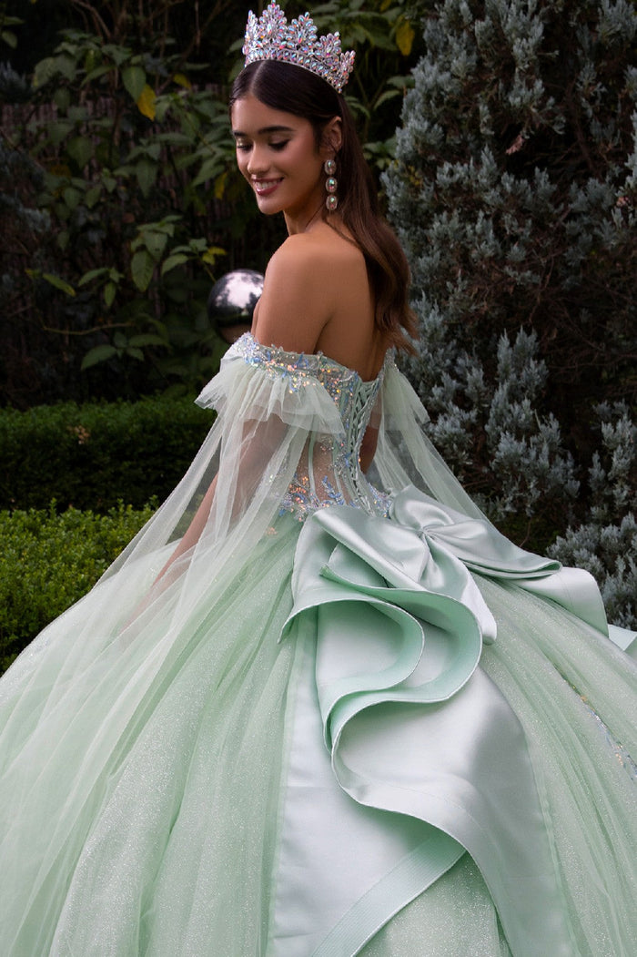 Off Shoulder Ball Gown Quinceañera Dress with Corset Bodice Glitter Tulle by Elizabeth K GL3550
