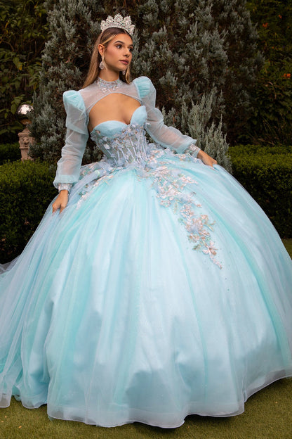 Floral Embroidered Quinceañera Ball Gown with Sheer Puff Sleeves by Elizabeth K GL3577