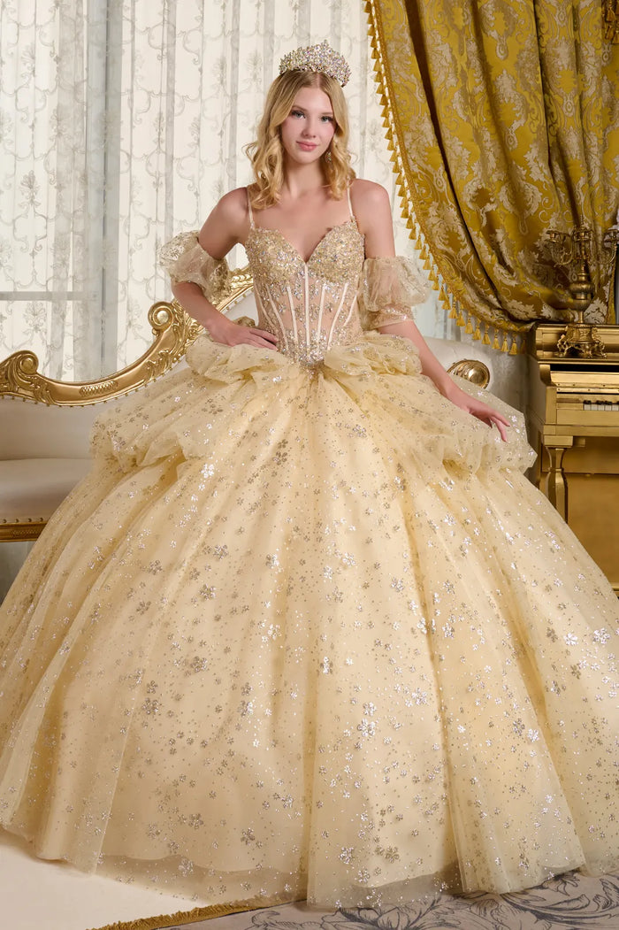 Champagne Quinceanera Dress Glitter Print V-Neck Ball Gown by Elizabeth K GL3646