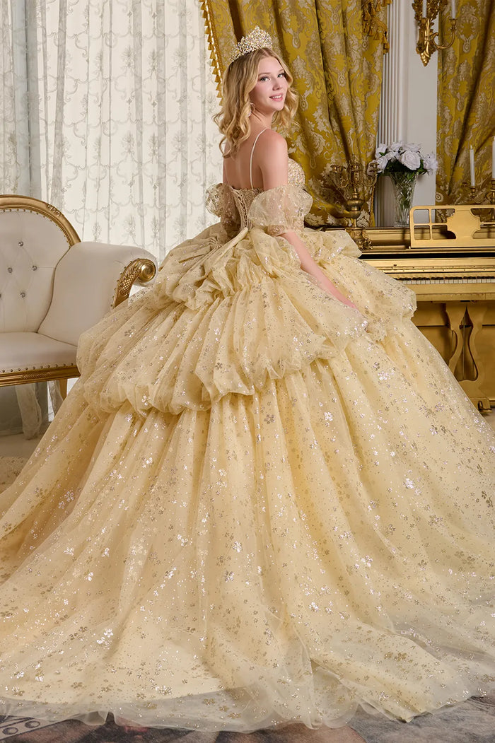 Champagne Quinceanera Dress Glitter Print V-Neck Ball Gown by Elizabeth K GL3646