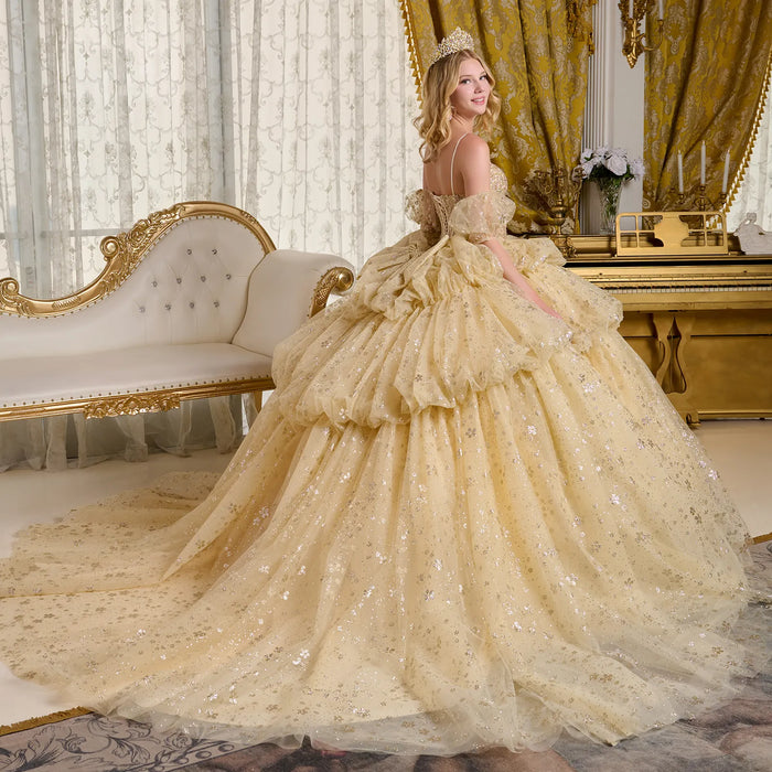 Champagne Quinceanera Dress Glitter Print V-Neck Ball Gown by Elizabeth K GL3646