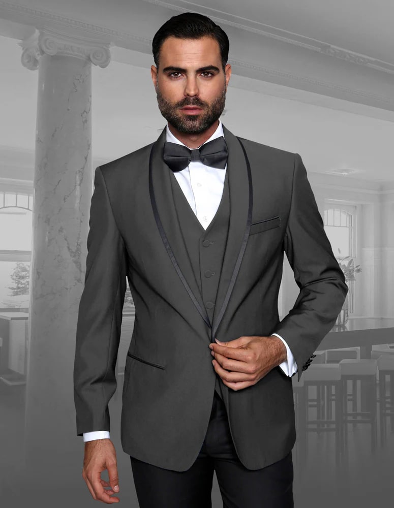 Statement Men's Charcoal Grey Vested Tuxedo with Bow Tie - Men's Tuxedo USA