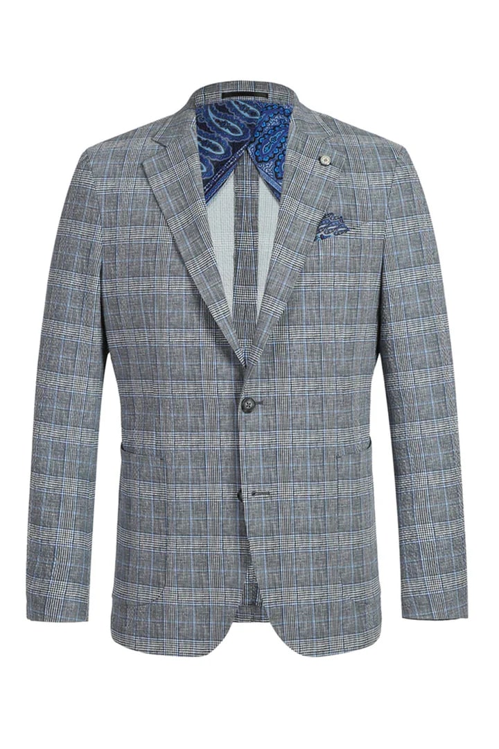 Saco vaquero - Western Sport Coat - Western Blazer - Mens Two Button Slim Fit Unconstructed Summer Blazer In Grey & Blue Windowpane Plaid
