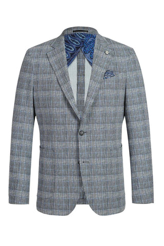 Saco vaquero - Western Sport Coat - Western Blazer - Mens Two Button Slim Fit Unconstructed Summer Blazer In Grey & Blue Windowpane Plaid