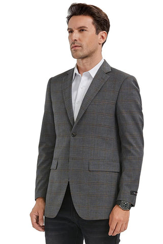 Saco vaquero - Western Sport Coat - Western Blazer - Men's Slim Fit 2 Button Sport Coat Blazer In Grey & Tan Windowpane Plaid