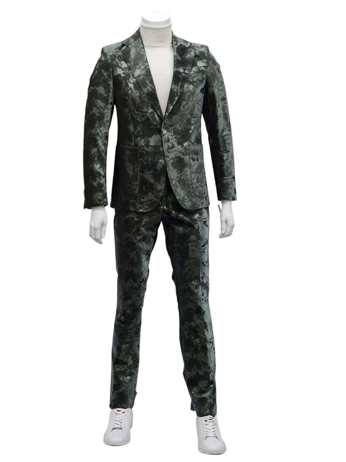 Mens 1 Button Slim Fit Faux Leather with Patch Pockets Green Suit