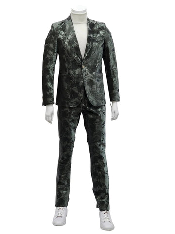 Mens 1 Button Slim Fit Faux Leather with Patch Pockets Green Suit