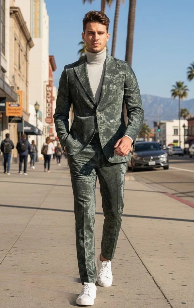 Mens 1 Button Slim Fit Faux Leather with Patch Pockets Green Suit