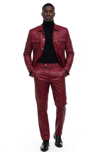 Two Piece Slim Fit Faux Leather Casual Suit Burgundy