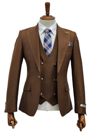 Mens Giovanni Testi Brown 3 Piece Slim Fit Suit – Peak Lapel, Double Breasted Vest, Center Vent Blazer