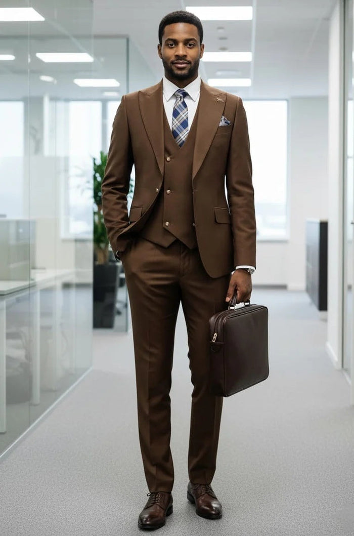 Mens Giovanni Testi Brown 3 Piece Slim Fit Suit – Peak Lapel, Double Breasted Vest, Center Vent Blazer