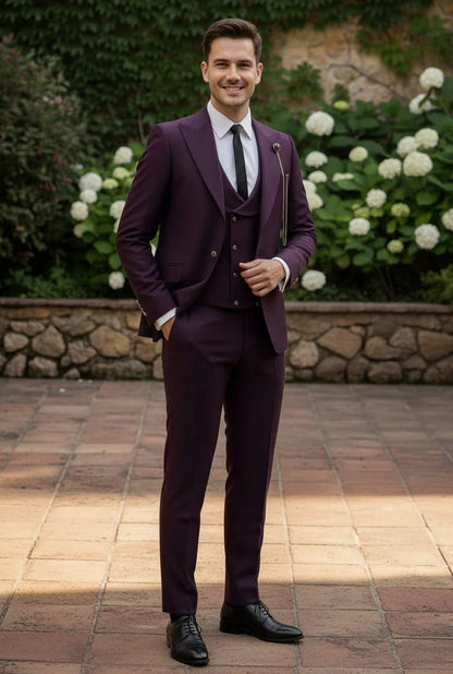 Mens Giovanni Testi Eggplant 3 Piece Suit – Slim Fit 1 Button Peak Lapel Formal Tuxedo Suit